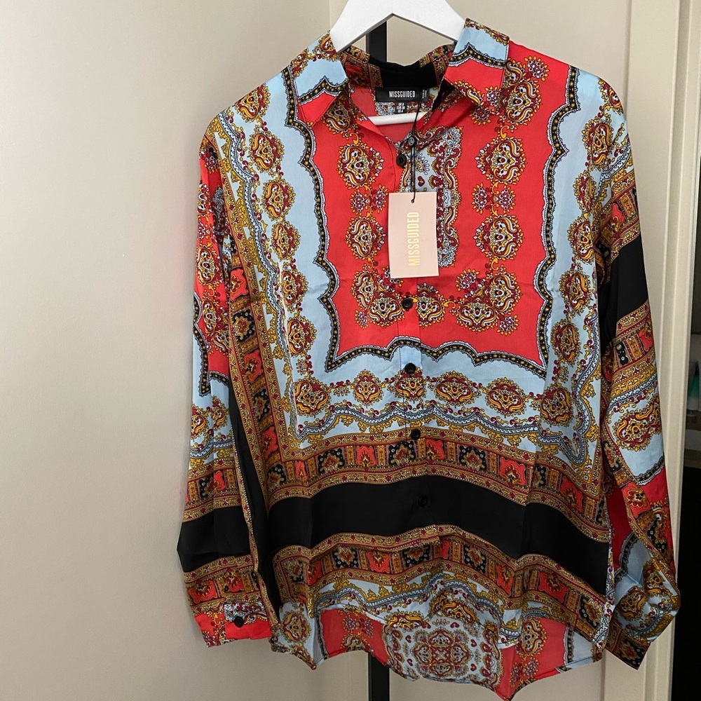 Red Scarf Print Satin Oversized Shirt - Picture 3 of 3
